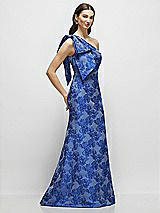Side View Thumbnail - Cobalt Jacquard Bow One-Shoulder Cobalt Floral Metallic Jacquard Trumpet Maxi Dress