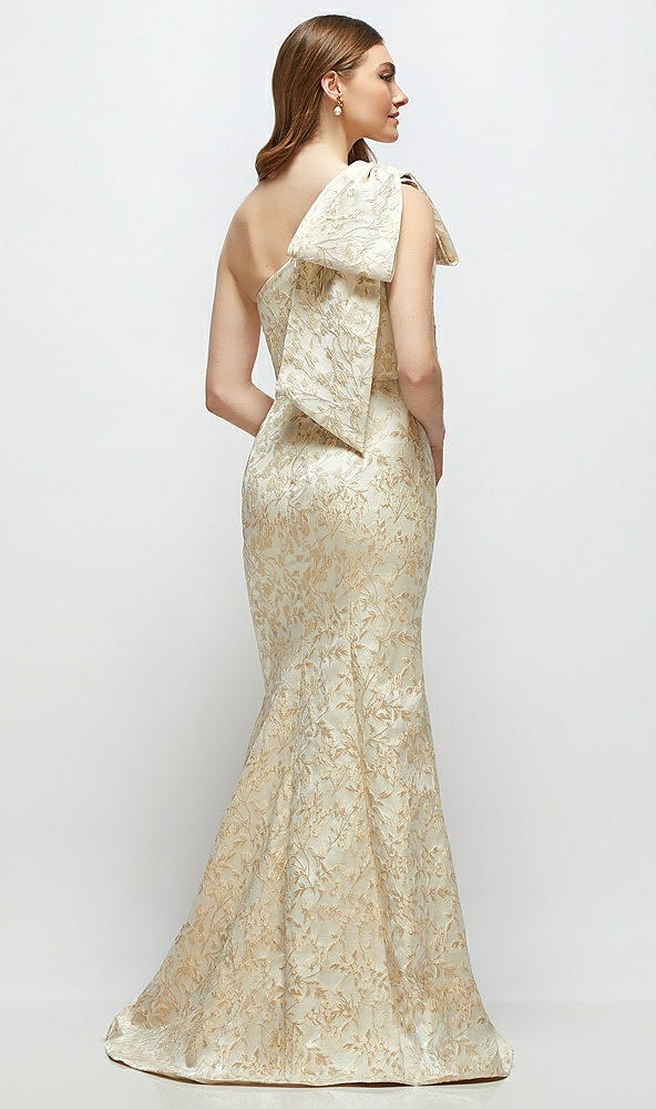 Back View - Champagne Filigree Bow One-Shoulder Champagne Brocade Maxi Dress with Trumpet Skirt