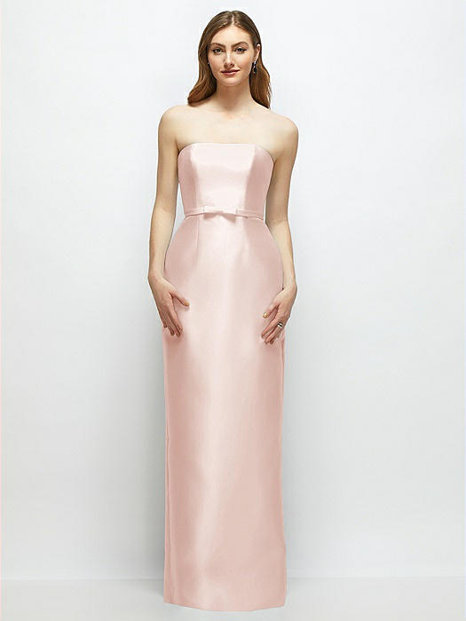 Strapless Satin Column Dress with Bow-Trimmed Skinny Belt