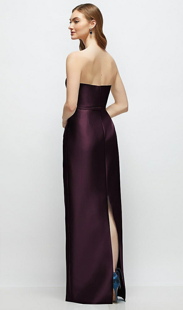 Back View - Deep Plum Strapless Satin Column Dress with Bow-Trimmed Skinny Belt