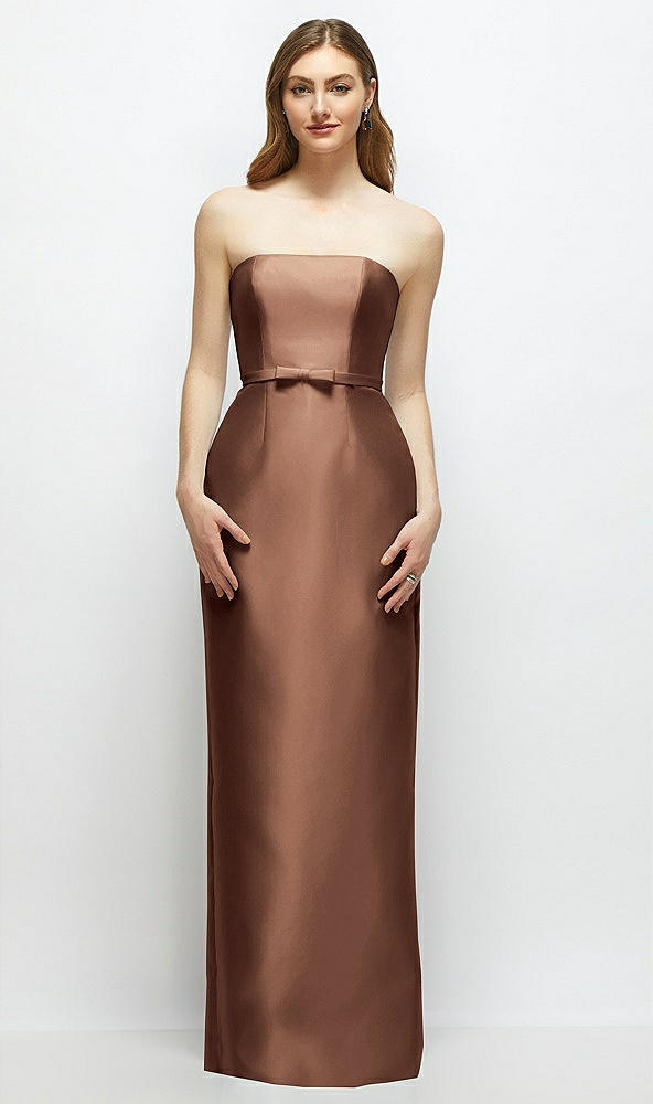 Front View - Cognac Strapless Satin Column Dress with Bow-Trimmed Skinny Belt