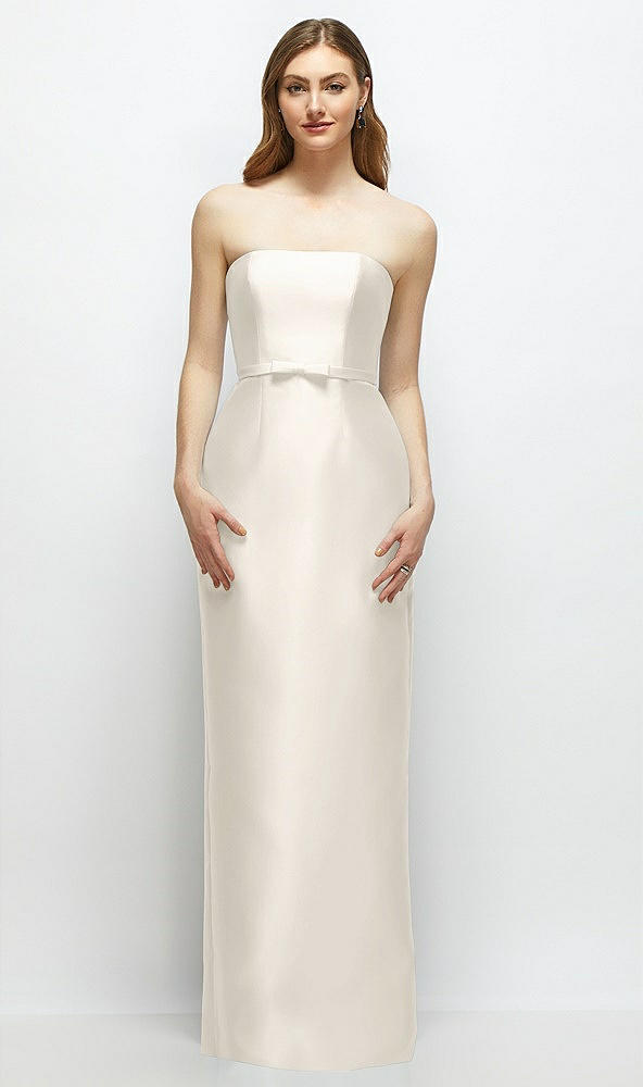 Front View - Ivory Strapless Satin Column Dress with Bow-Trimmed Skinny Belt