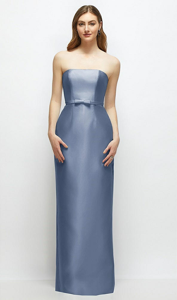 Front View - Larkspur Blue Strapless Satin Column Dress with Bow-Trimmed Skinny Belt