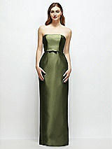 Front View Thumbnail - Olive Green Strapless Satin Column Dress with Bow-Trimmed Skinny Belt