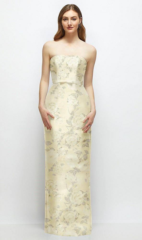 Front View - Butter Yellow Floral Floral Strapless Satin Column Dress with Bow-Trimmed Skinny Belt
