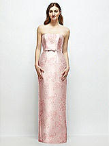 Front View Thumbnail - Bow And Blossom Print Floral Strapless Satin Column Dress with Bow-Trimmed Skinny Belt