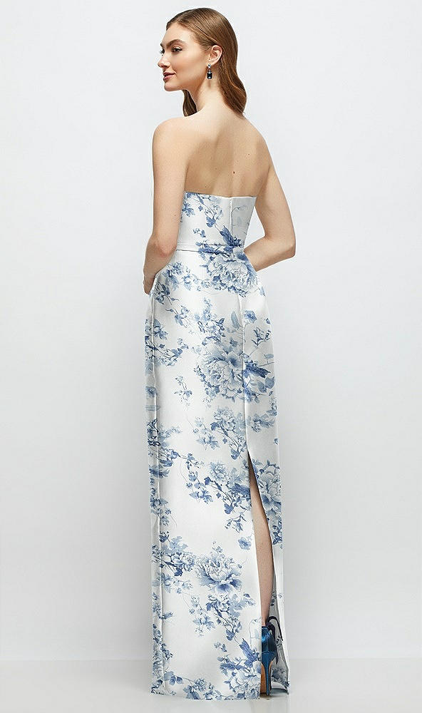Back View - Cottage Rose Larkspur Floral Strapless Satin Column Dress with Bow-Trimmed Skinny Belt