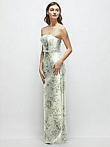 Side View Thumbnail - Sage Cottage Rose Floral Strapless Satin Column Dress with Bow-Trimmed Skinny Belt