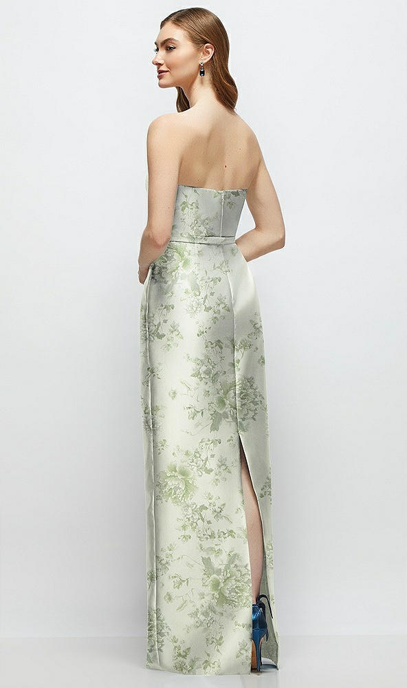 Back View - Sage Cottage Rose Floral Strapless Satin Column Dress with Bow-Trimmed Skinny Belt