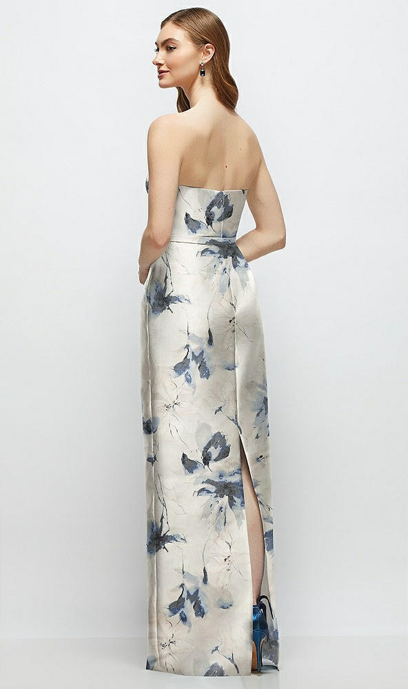 Back View - Inkwash Blue Floral Floral Strapless Satin Column Dress with Bow-Trimmed Skinny Belt