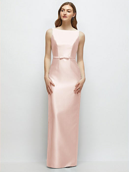 Bateau Neck Satin Column Dress with Bow-Trimmed Skinny Belt
