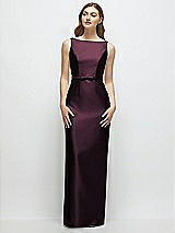 Front View Thumbnail - Deep Plum Bateau Neck Satin Column Dress with Bow-Trimmed Skinny Belt