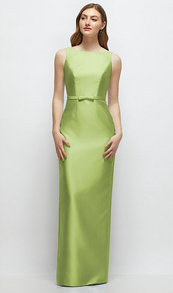Front View - Mojito Bateau Neck Satin Column Dress with Bow-Trimmed Skinny Belt