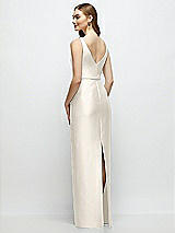 Rear View Thumbnail - Ivory Bateau Neck Satin Column Dress with Bow-Trimmed Skinny Belt