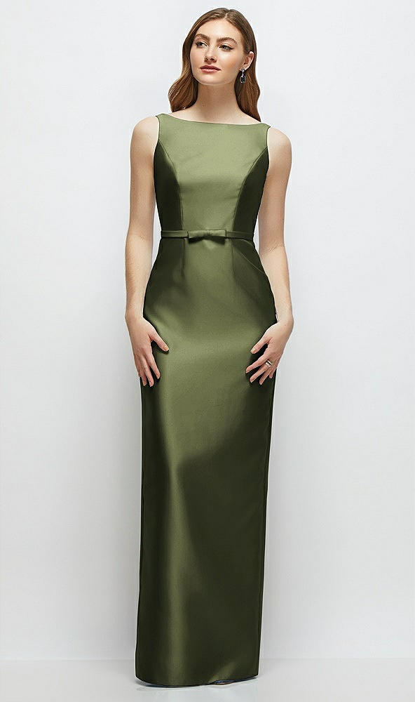 Front View - Olive Green Bateau Neck Satin Column Dress with Bow-Trimmed Skinny Belt