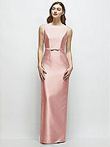 Front View Thumbnail - Rose Bateau Neck Satin Column Dress with Bow-Trimmed Skinny Belt