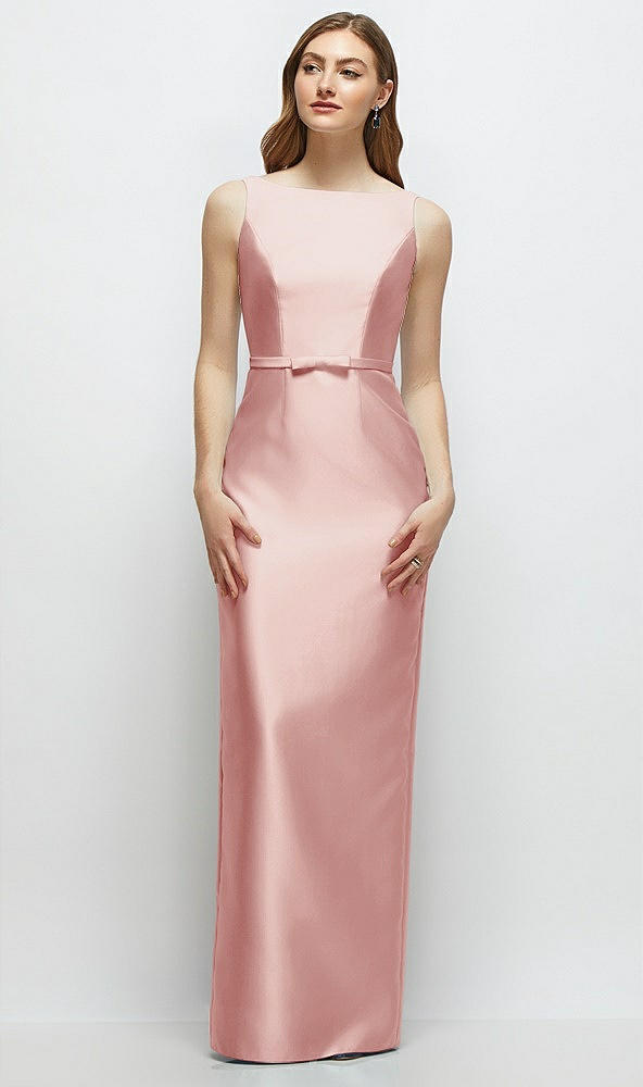 Front View - Rose Bateau Neck Satin Column Dress with Bow-Trimmed Skinny Belt