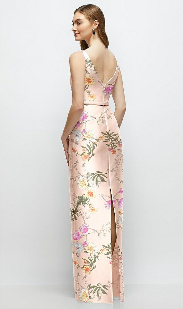 Back View - Butterfly Botanica Pink Sand Floral Bateau Neck Satin Column Dress with Bow-Trimmed Skinny Belt