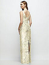 Rear View Thumbnail - Butter Yellow Floral Floral Bateau Neck Satin Column Dress with Bow-Trimmed Skinny Belt