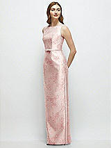 Front View Thumbnail - Bow And Blossom Print Floral Bateau Neck Satin Column Dress with Bow-Trimmed Skinny Belt
