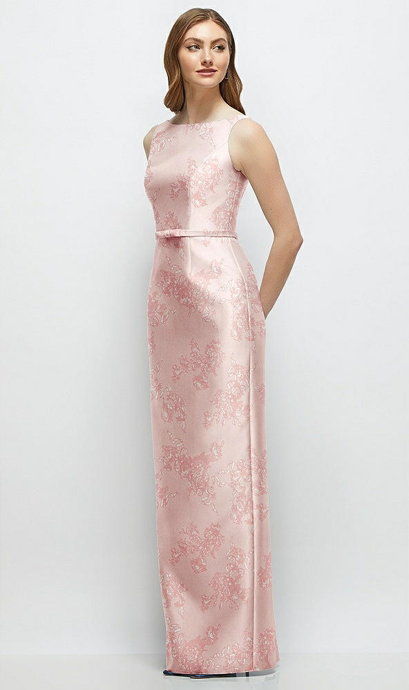 Front View - Bow And Blossom Print Floral Bateau Neck Satin Column Dress with Bow-Trimmed Skinny Belt