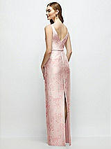 Rear View Thumbnail - Bow And Blossom Print Floral Bateau Neck Satin Column Dress with Bow-Trimmed Skinny Belt