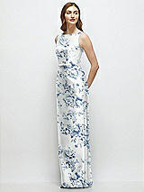 Front View Thumbnail - Cottage Rose Larkspur Floral Bateau Neck Satin Column Dress with Bow-Trimmed Skinny Belt