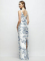 Rear View Thumbnail - Cottage Rose Larkspur Floral Bateau Neck Satin Column Dress with Bow-Trimmed Skinny Belt