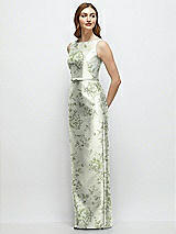 Front View Thumbnail - Sage Cottage Rose Floral Bateau Neck Satin Column Dress with Bow-Trimmed Skinny Belt