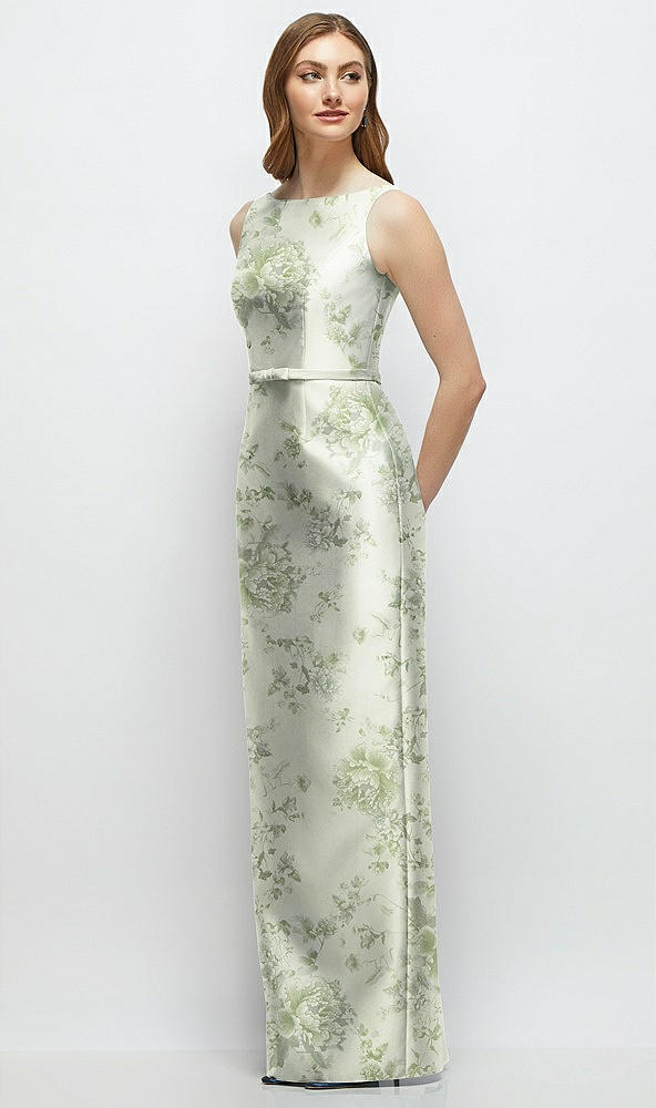 Front View - Sage Cottage Rose Floral Bateau Neck Satin Column Dress with Bow-Trimmed Skinny Belt