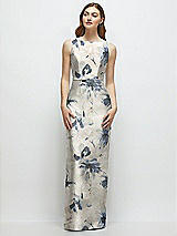 Side View Thumbnail - Inkwash Blue Floral Floral Bateau Neck Satin Column Dress with Bow-Trimmed Skinny Belt