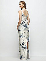 Rear View Thumbnail - Inkwash Blue Floral Floral Bateau Neck Satin Column Dress with Bow-Trimmed Skinny Belt