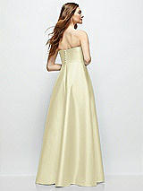 Rear View Thumbnail - Butter Yellow Strapless Satin Gown with Full Skirt and Covered Buttons at Back