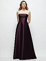Front View Thumbnail - Deep Plum Strapless Satin Gown with Full Skirt and Covered Buttons at Back