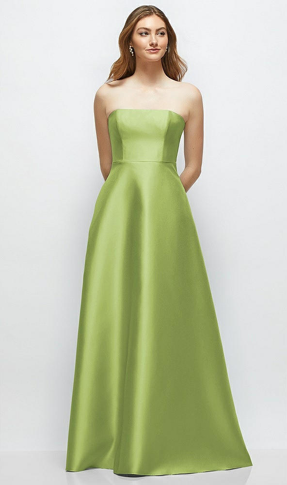 Front View - Mojito Strapless Satin Gown with Full Skirt and Covered Buttons at Back