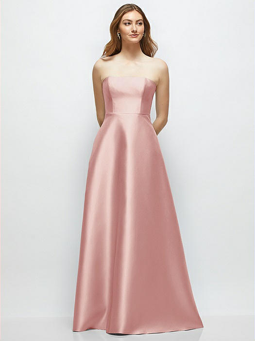 Strapless Satin Gown with Full Skirt and Covered Buttons at Back