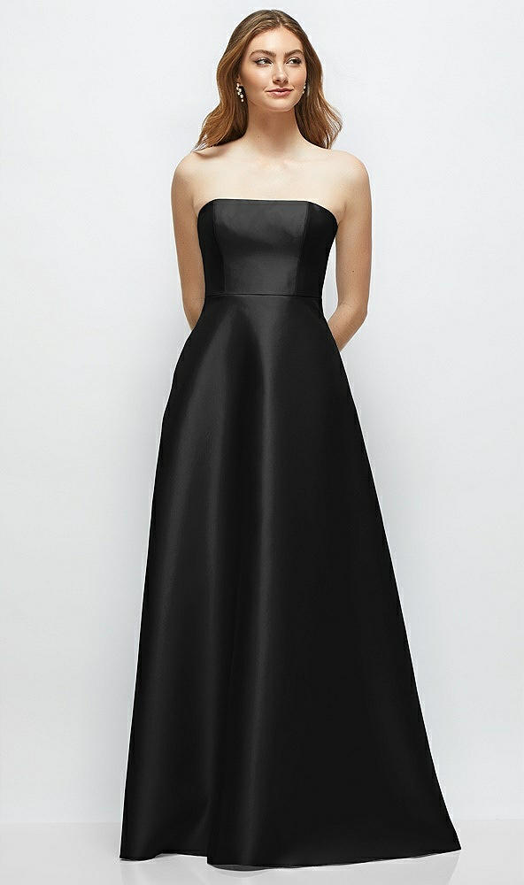 Front View - Black Strapless Satin Gown with Full Skirt and Covered Buttons at Back