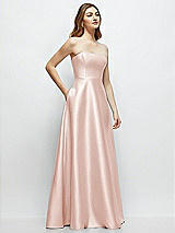 Side View Thumbnail - Blush Strapless Satin Gown with Full Skirt and Covered Buttons at Back