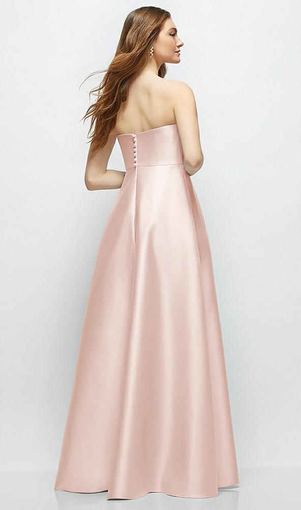 Back View - Blush Strapless Satin Gown with Full Skirt and Covered Buttons at Back