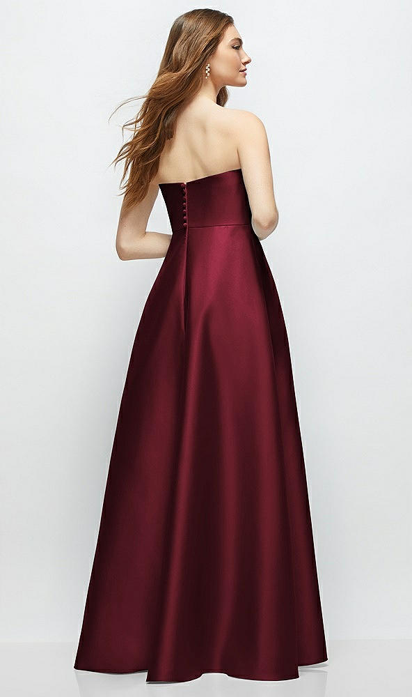 Back View - Cabernet Strapless Satin Gown with Full Skirt and Covered Buttons at Back