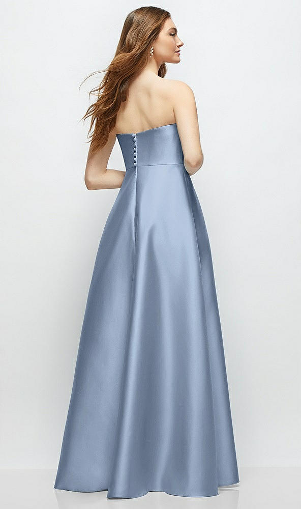 Back View - Cloudy Strapless Satin Gown with Full Skirt and Covered Buttons at Back