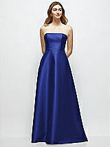 Front View Thumbnail - Cobalt Blue Strapless Satin Gown with Full Skirt and Covered Buttons at Back