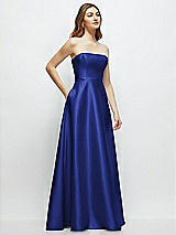 Side View Thumbnail - Cobalt Blue Strapless Satin Gown with Full Skirt and Covered Buttons at Back