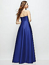 Rear View Thumbnail - Cobalt Blue Strapless Satin Gown with Full Skirt and Covered Buttons at Back