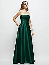 Side View Thumbnail - Hunter Green Strapless Satin Gown with Full Skirt and Covered Buttons at Back