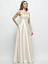 Side View Thumbnail - Ivory Strapless Satin Gown with Full Skirt and Covered Buttons at Back