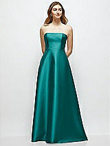 Front View Thumbnail - Jade Strapless Satin Gown with Full Skirt and Covered Buttons at Back