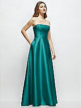 Side View Thumbnail - Jade Strapless Satin Gown with Full Skirt and Covered Buttons at Back