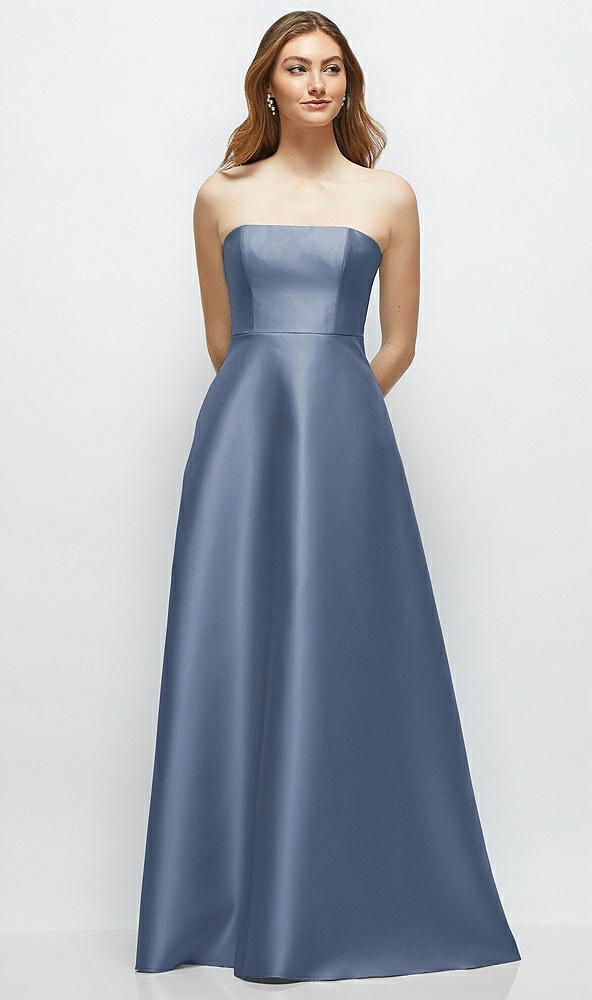 Front View - Larkspur Blue Strapless Satin Gown with Full Skirt and Covered Buttons at Back