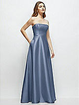 Side View Thumbnail - Larkspur Blue Strapless Satin Gown with Full Skirt and Covered Buttons at Back